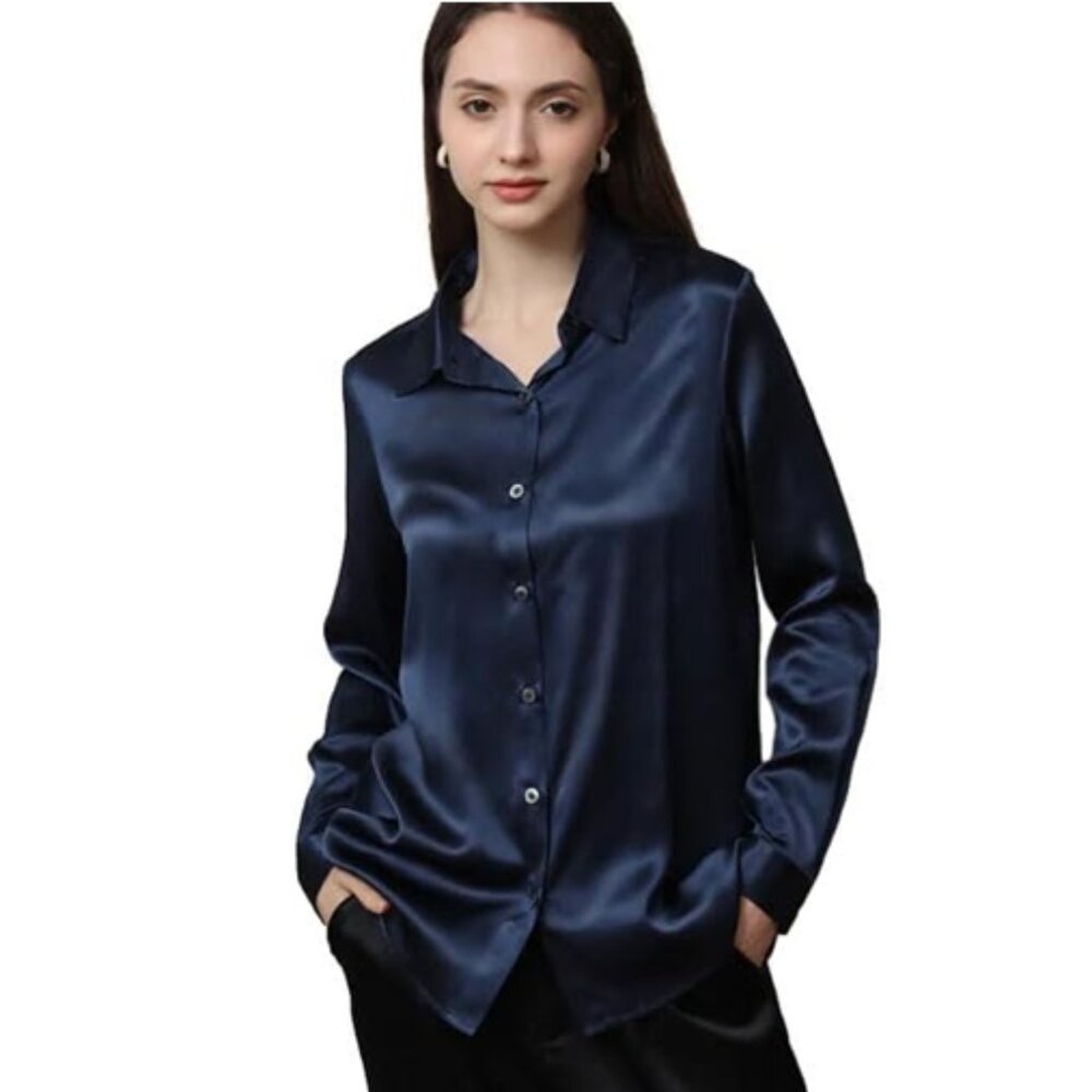 DaisySilk 22 Momme Navy Silk Shirt, Small, NWT!